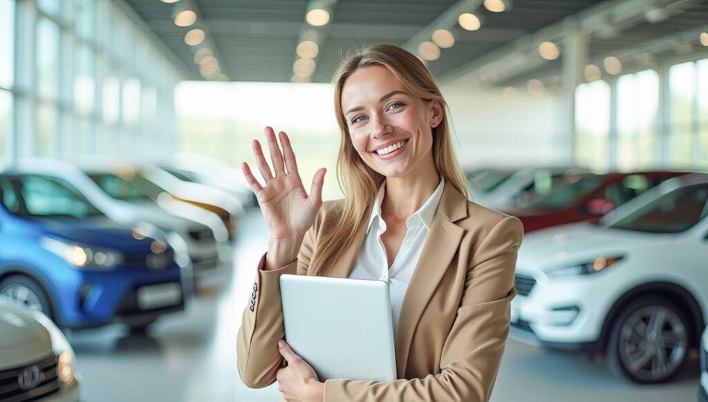 A person reviews car options in a dealership showroom alongside a representative.