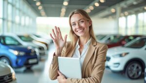 A person reviews car options in a dealership showroom alongside a representative.